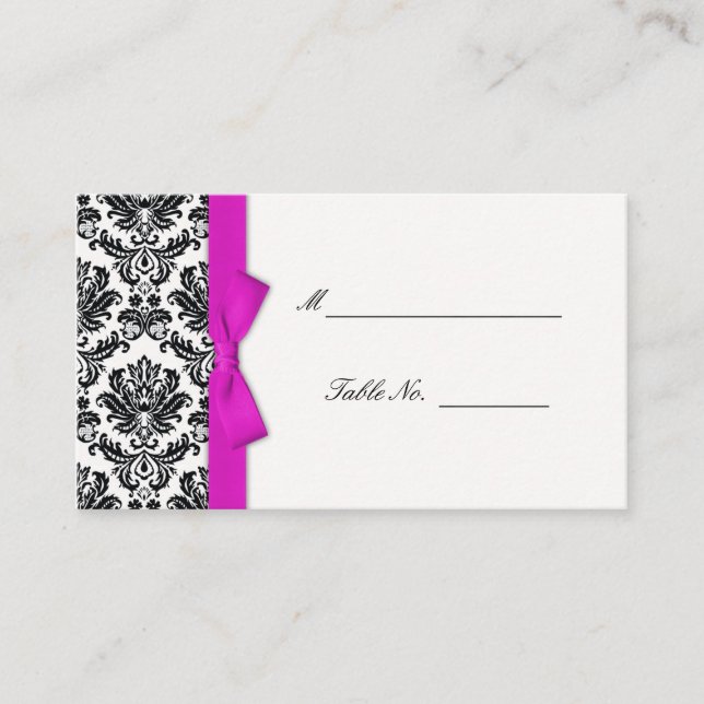 Tarjetas de matrimonio Damask Bow Rosado Caliente (Anverso)