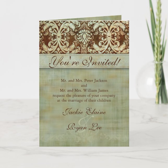 Tarjetas de matrimonio Damask Green Vintage (Anverso)