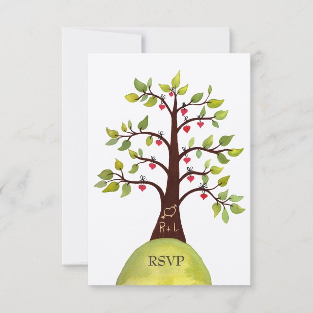 Tarjetas de matrimonio de árbol verde monograma RS (Anverso)