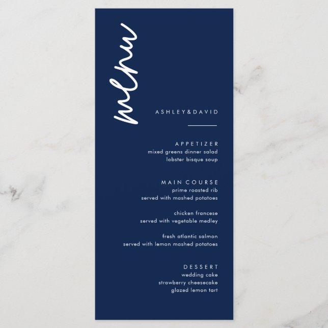 Tarjetas de menú Boda azul de la Marina minimalist (Anverso)