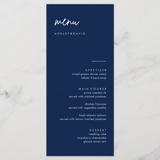 Tarjetas de menú Boda azul de la Marina moderna (Anverso)