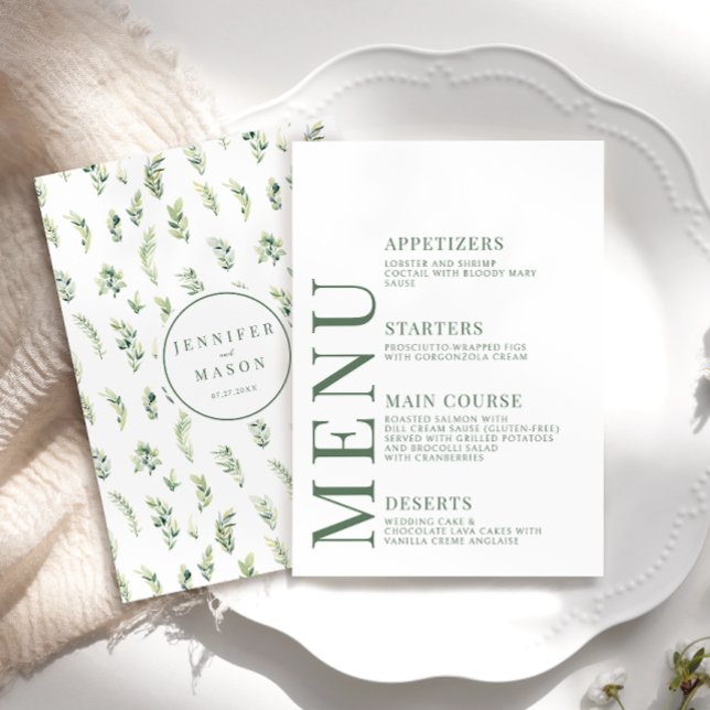 Tarjetas de menú boda botánico rústico de hoja de  (Subido por el creador)