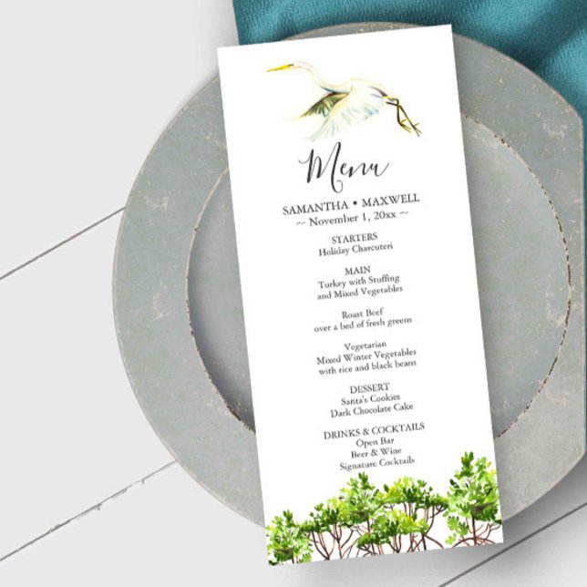 Tarjetas de menú boda Color de agua Perón blanco (destination weddings Florida menu cards watercolor mangroves and great white heron Do Tell A Belle)