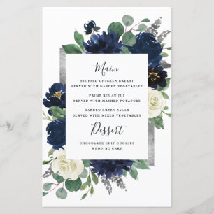Tarjetas de menú Boda con flores de marfil azul de