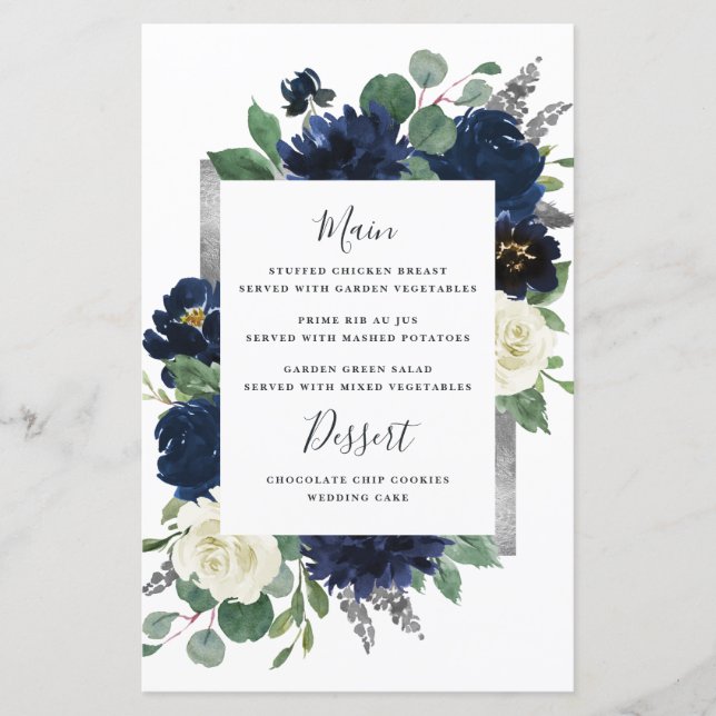 Tarjetas de menú Boda con flores de marfil azul de (Anverso)
