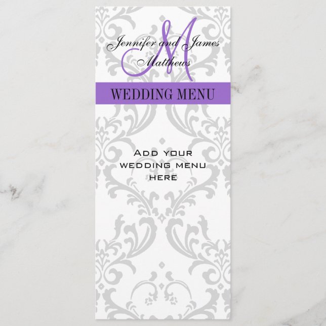 Tarjetas de menú Boda Damask Monograma púrpura (Anverso)