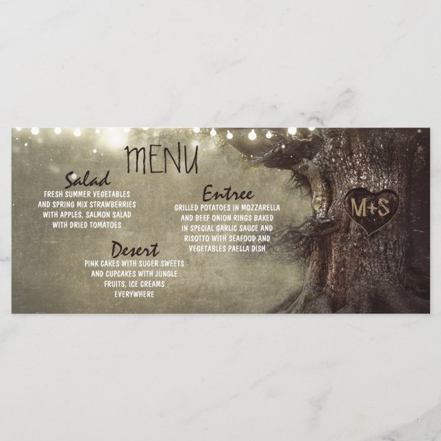 Tarjetas de menú boda de árbol con luces de cadena (Anverso)