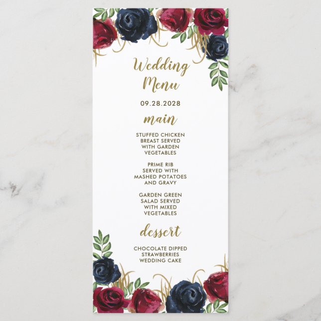 Tarjetas de menú Boda de Boho rústico de la Marina (Anverso)