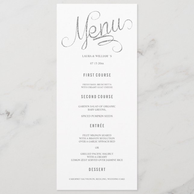 Tarjetas de menú Boda de caligrafía Purpurina plat (Anverso)