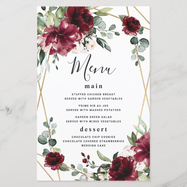 Tarjetas de menú Boda de la Rubor Gold Greenerener (Anverso)