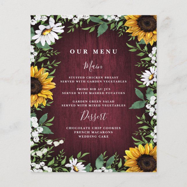 Tarjetas de menú Boda de la vegetación del girasol (Anverso)
