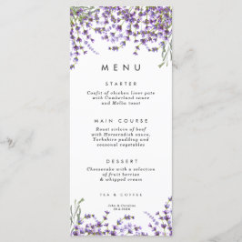 tarjetas de menú boda de lavanda con vegetación fl
