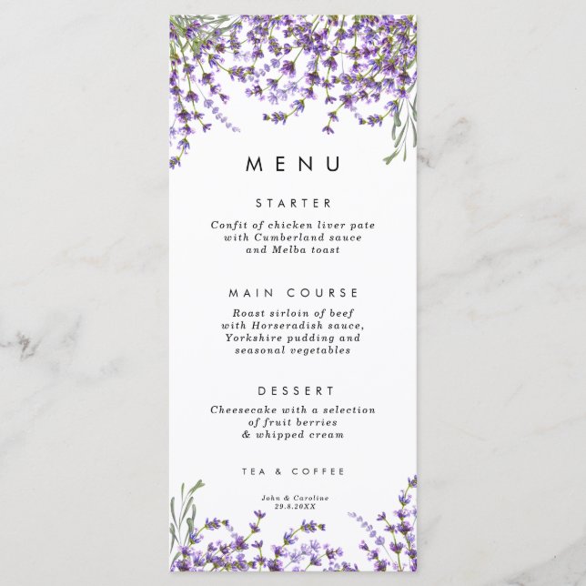 tarjetas de menú boda de lavanda con vegetación fl (Anverso)