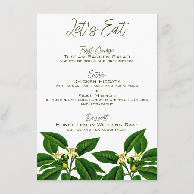Tarjetas de menú Boda de limón (Anverso)