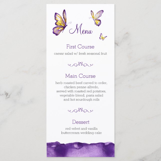 Tarjetas de menú Boda de mariposa | Morado acuarel (Anverso)