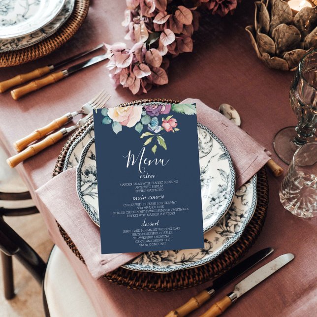 Tarjetas de menú Boda floral acuarela de la Marina (Subido por el creador)