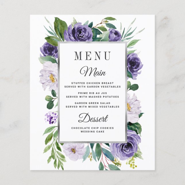 Tarjetas de menú Boda floral gris morado plateado (Anverso)