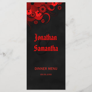 Tarjetas de menú Boda floral negro y rojo