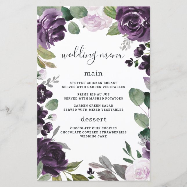 Tarjetas de menú Boda floral Purple Silver Elegant (Anverso)