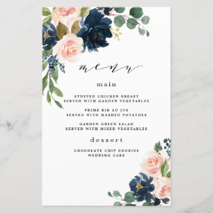Tarjetas de menú Boda floral rosa azul marino y Ru