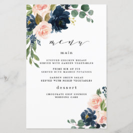 Tarjetas de menú Boda floral rosa azul marino y Ru