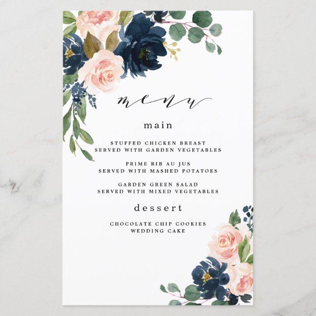 Tarjetas de menú Boda floral rosa azul marino y Ru (Anverso)