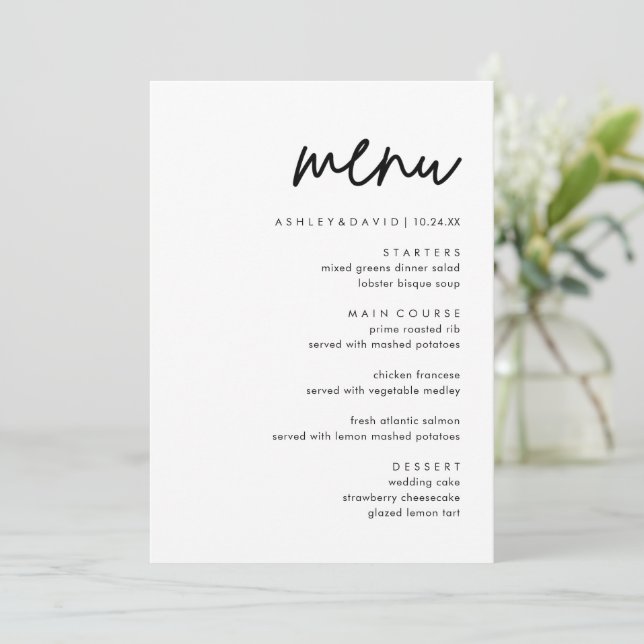 Tarjetas de menú Boda minimalistas | Menú de recep (Anverso de pie)