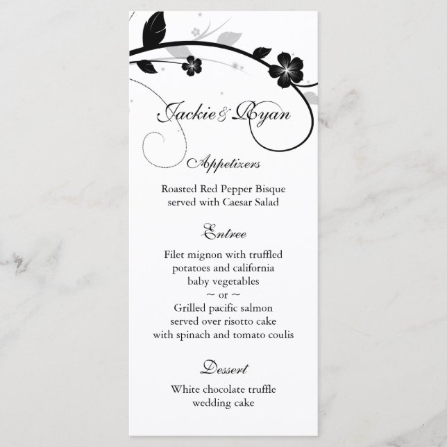Tarjetas de menú boda Muro floral blanco y negro (Anverso)