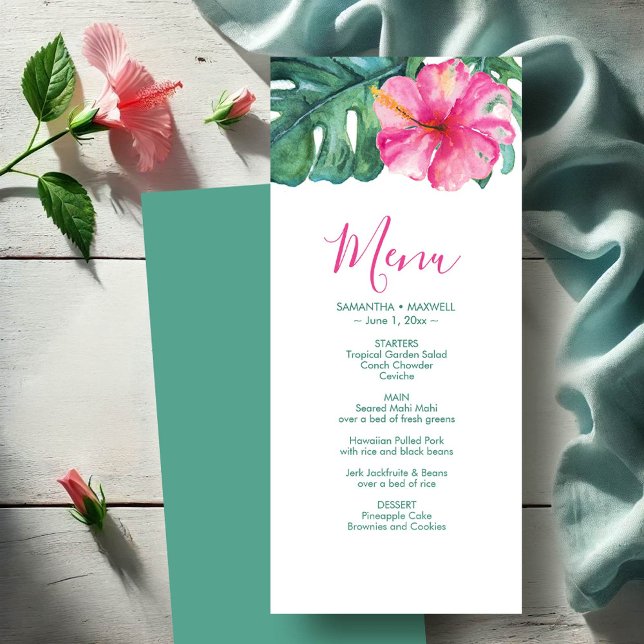 Tarjetas de menú Boda personalizadas Hibiscus trop (Wedding menu cards watercolor hibiscus flower & palm leaves by Victoria Grigaliunas DoTellABelle)