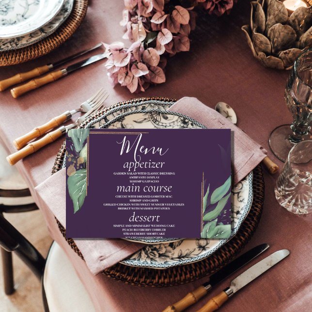 Tarjetas de menú Boda Purple Modern Greenery (Subido por el creador)