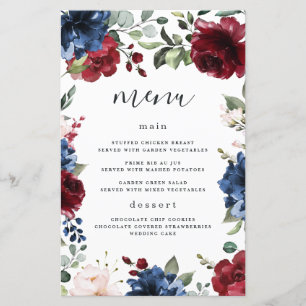 Tarjetas de menú Boda rosa Rubor Blue Burgundy de 
