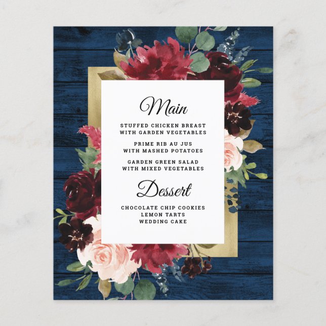 Tarjetas de menú Boda Rubor de la Marina Blue Burg (Anverso)