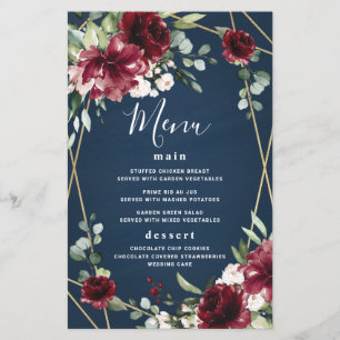 Tarjetas de menú Boda Rubor Gold de Navy Blue Burg