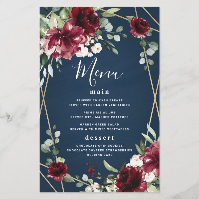 Tarjetas de menú Boda Rubor Gold de Navy Blue Burg (Anverso)