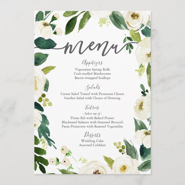 Tarjetas de menú Boda verde y flor blanca (Anverso)