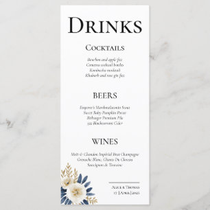 Tarjetas de Menú Cheers Couple Floral Blue Gold