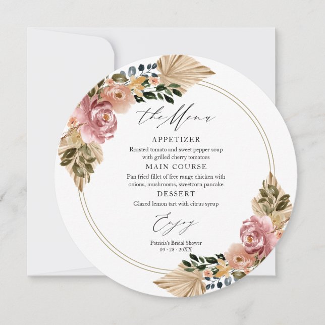 Tarjetas de menú circulares para boda floral boho  (Anverso)
