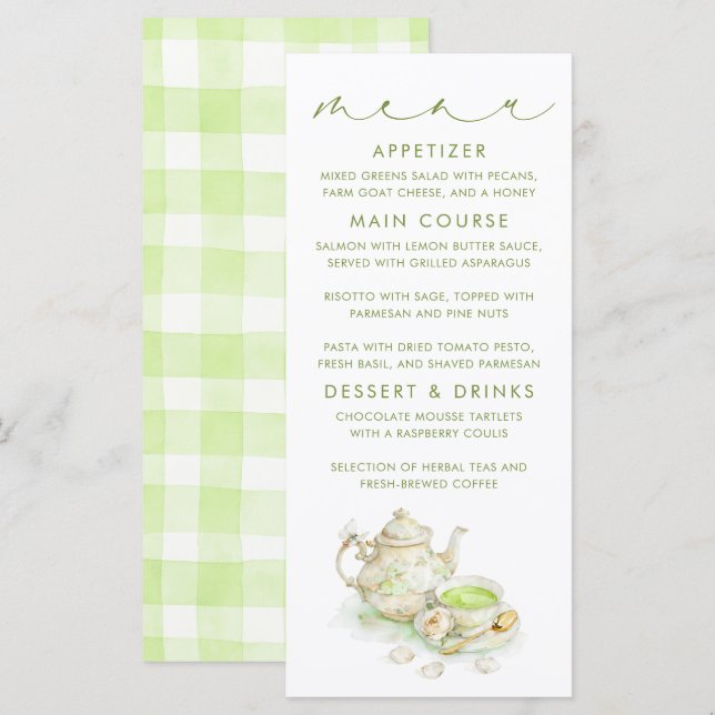 Tarjetas de menú con estampado de gingham verde te (Anverso / Reverso)