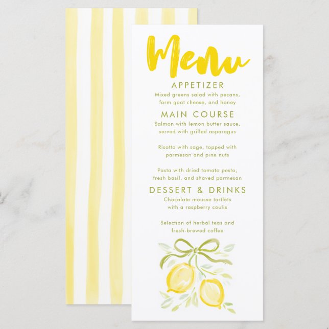Tarjetas de menú de baby shower con tema de limone (Anverso / Reverso)