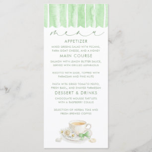 Tarjetas de menú de baby shower verde con tema de