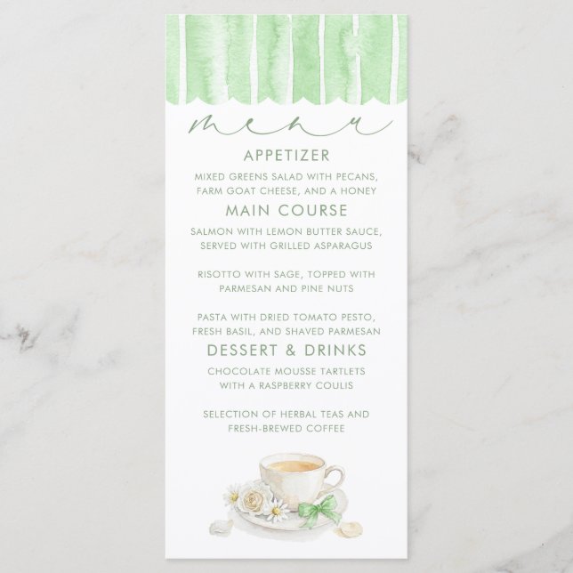 Tarjetas de menú de baby shower verde con tema de  (Anverso)