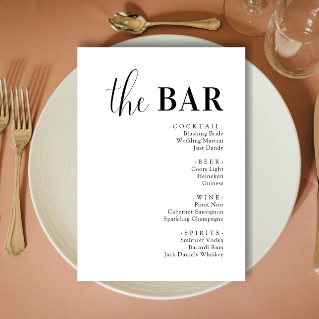 Tarjetas de Menú de Barra de Bebidas para Boda Ele (Minimalist elegant wedding drinks bar menu cards add refined style and smooth bar flow.)