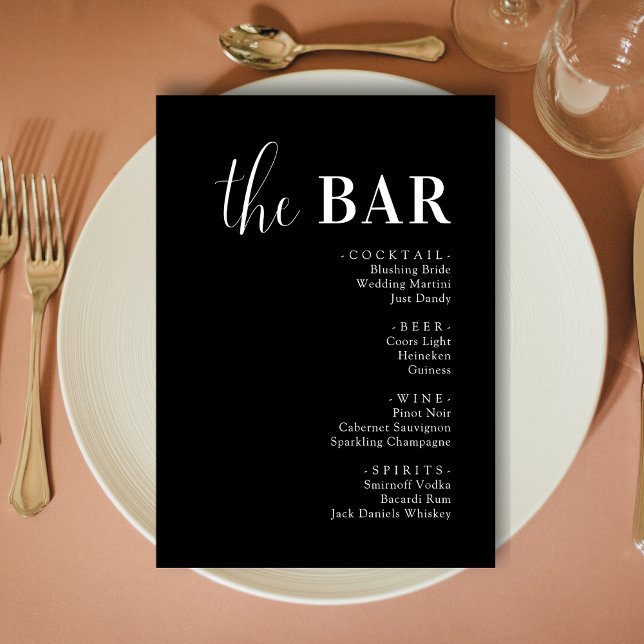 Tarjetas de Menú de Barra de Bebidas para Boda Neg (Minimalist black wedding drinks bar menu cards add sleek style and smooth drink service.)