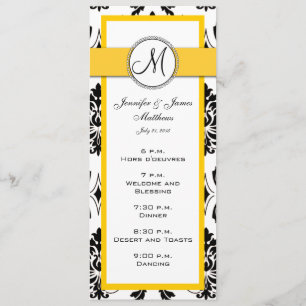 Tarjetas de menú de boda amarillas de damasco negr