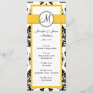 Tarjetas de menú de boda amarillas de damasco negr