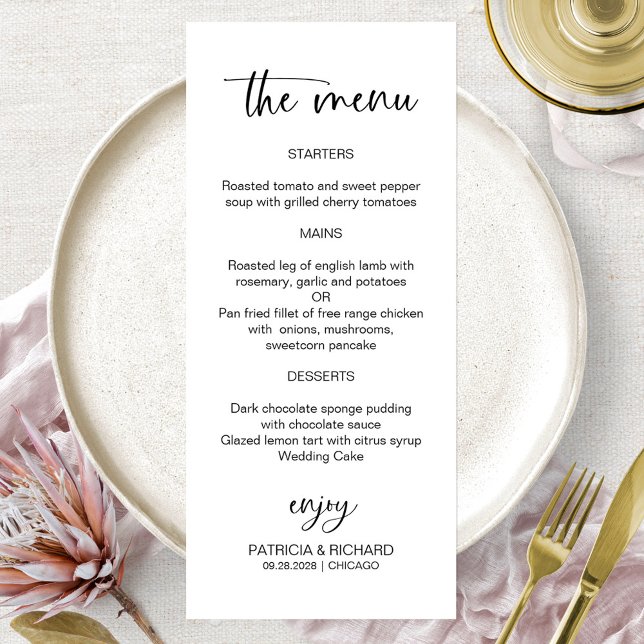 Tarjetas de menú de boda con caligrafía minimalist (Subido por el creador)