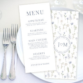 Tarjetas de menú de boda con flor silvestre azul