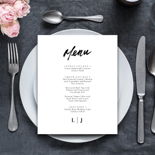 Tarjetas de menú de boda con letra script minimali (Elegant minimalist script wedding menu cards bring timeless charm to each place setting)