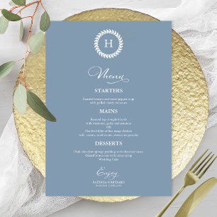 Tarjetas de menú de boda con monograma de corona a