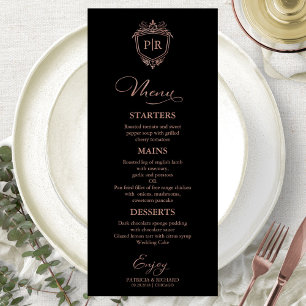 Tarjetas de menú de boda con monograma negro y dor